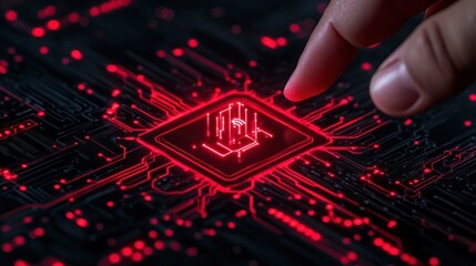Cybernetic Fingerprint: Red Circuit Board & Finger Interaction