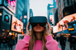 © ArtFocus Studio - Woman in Pink Using VR Headset in a Modern City, Exploring the Metaverse and Virtual Worlds