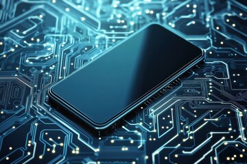 Wall Mural - modern smartphone resting on intricate circuit board design in a technology-themed setting