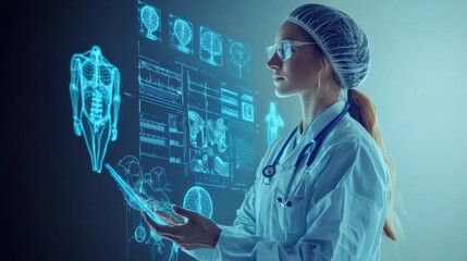 Fototapete - Medical professional innovating virtual healthcare with artificial intelligence technology in a futuristic setting