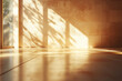 © Stock Love - Bright sunlight illuminating rustic home textures with soft shadows, warm interior setting in the afternoon. Sunlight filters through a large window, warm toned walls and polished wooden flooring
