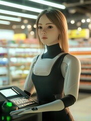 Poster - Smart cashier automates checkout process in a modern supermarket with space for advertising on the right