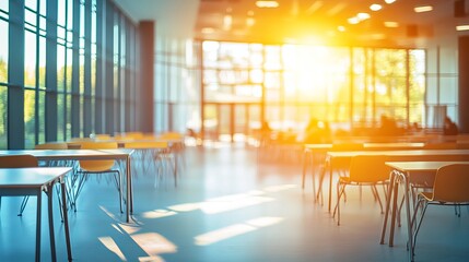 A modern classroom, blurred for effect, features large windows and a spacious layout ideal for teaching and learning.
 