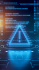 blue glowing warning triangle with exclamation mark, digital background, symbolizing alert, caution,