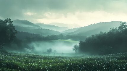 Wall Mural - misty emerald rainfall landscape
