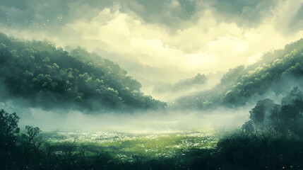 Wall Mural - misty emerald rainfall landscape