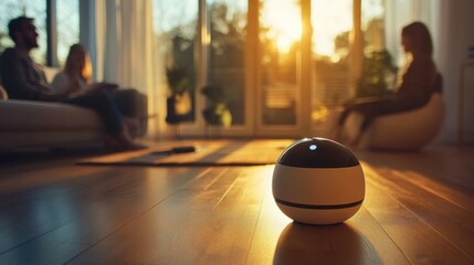 Fototapete - Smart assistant enhances family interaction in cozy living room during golden hour