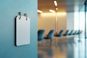Poster - Minimalist work badge displayed against a textured office wall in a softly lit modern workspace designed for productivity and focus