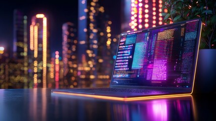 Illuminated Laptop on Table with Colorful Data Display at Night
