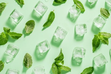 Aufkleber - Refreshing top view of ice cubes mingled with fresh mint leaves on a light green background in a studio setting