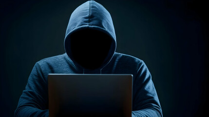 A mysterious figure in a hoodie sits in front of a laptop, creating an aura of secrecy and intrigue. The dark background emphasizes the focus on the figure and device.