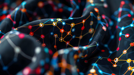 Complex Network of Connected Lines and Colorful Nodes on Dark Fabric Background Seamless Technological Pattern