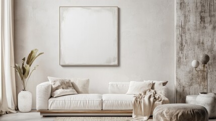 Poster - Blank canvas in a cozy modern living room with minimal decor and a wooden frame
