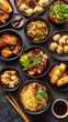 © liliyabatyrova - A delightful spread features an assortment of authentic Chinese dishes, including dumplings, fried rice, and succulent chicken, beautifully arranged in elegant bowls. Each dish tantalizes the senses
