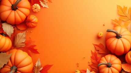 Poster - Thanksgiving Day banner featuring realistic 3D orange pumpkins and colorful fall foliage for festive celebration or decoration