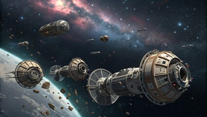 Wall Mural - Intricate, segmented spacecraft with disc-shaped modules and cylindrical components, implying a design focused on adaptability and long-duration missions in deep space