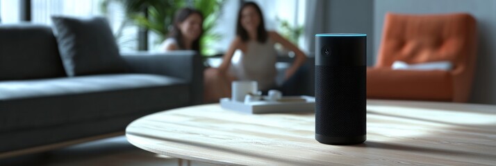 Leinwandbilder - Smart speaker enhances family interactions in a modern living room setting during a cozy afternoon lifestyle gathering