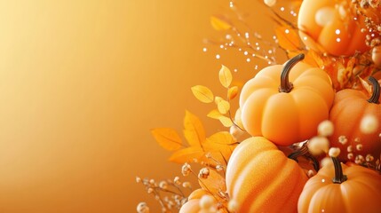 Poster - Celebrate Thanksgiving Day with a festive banner featuring vibrant 3D orange pumpkins and autumn foliage