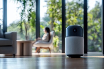 Aufkleber - Smart speaker enhances home living by interacting with family members in a modern, bright room during daylight hours