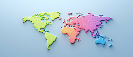  A 3D Pixelated World Map In Rainbow Colors On A Light Blue Background With Subtle Shadows