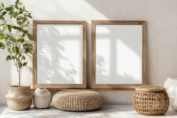 Poster - Blank white paintings in wooden frames enhance a cozy modern minimal living room with natural elements and soft lighting