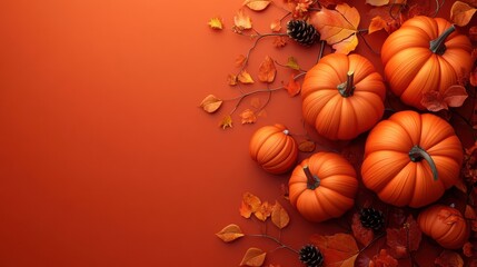 Poster - Realistic 3D orange pumpkins and fall foliage create a warm Thanksgiving Day banner for holiday celebrations