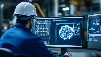 A focused engineer in a hard hat analyzes complex data visualizations on dual computer monitors in a high-tech industrial environment, showcasing modern technological advancements.
