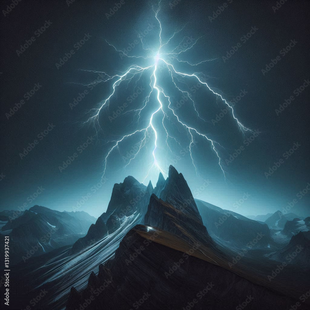 lightning bolt striking the top of a lone mountain peak Stock ...