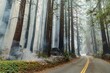 © Zenstratus - Wildfire burns along a road in a redwood forest in Santa Cruz, California, USA in the CZU Lightning Complex wildfires in 2020. Smoke fills the air as flames consume the underbrush.