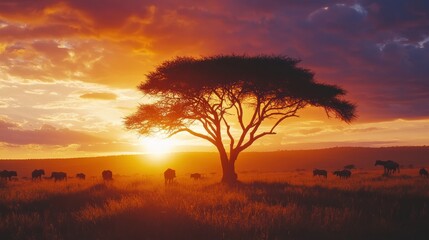 Aufkleber - Silhouettes of animals grazing under a vibrant sunset sky with acacia trees in the savannah creating an adventurous atmosphere