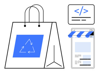Shopping bag featuring recycling icon alongside coding interface and digital storefront. Ideal for eco-commerce, online shopping, web development, sustainability, digital marketing, green business