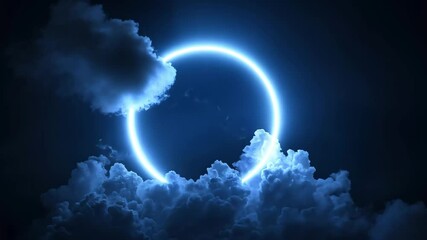 Wall Mural - abstract cloud illuminated with neon light ring on dark night sky. Glowing geometric shape, round frame