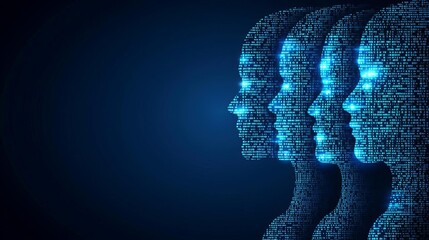Business networking group company people office background Digital human figures representing data identity.