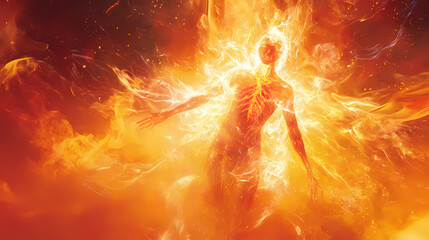 Wall Mural - A mystical figure of a humanoid emerging from vibrant flames, embodying energy and transformation in a stunning display of fiery brilliance. Fiery Brilliance. Illustration