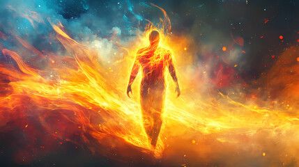 Wall Mural - A mystical figure of a humanoid emerging from vibrant flames, embodying energy and transformation in a stunning display of fiery brilliance. Fiery Brilliance. Illustration