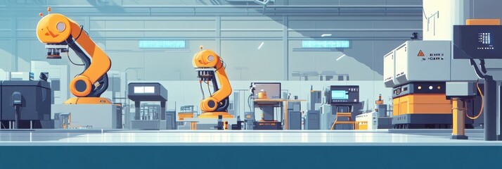 Fototapete - Innovative automated factory utilizing robotic machines and AI for efficient production processes in a modern workspace