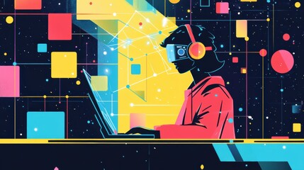 Leinwandbilder - Student engaged in virtual learning with AI assistance while using a laptop in a modern educational environment