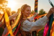 © Sergio Lucci - A young woman in traditional dress and a floral wreath joyfully dances with colorful ribbons in the sunlight