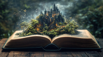 Wall Mural - Fantasy castle emerges from open book in enchanted forest surreal art dreamy environment whimsical viewpoint