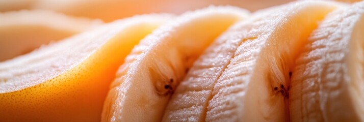 Poster - Close up of sliced banana halves showcasing texture and natural patterns in soft focus background