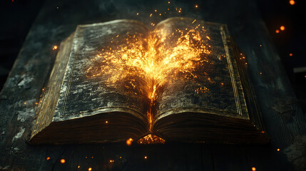 Wall Mural - Igniting knowledge magical book of fire fantasy realm 3d art dark environment close-up view transformation concept