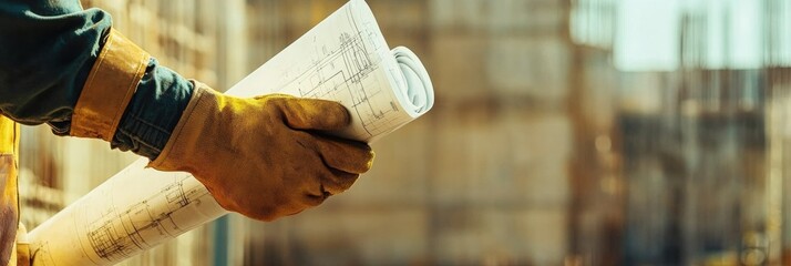 Fototapete - Hand in safety glove holds blueprint at construction site with clear space for text and thoughtful composition