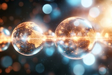 Leinwandbilder - Unique virtual worlds represented by glowing spheres connected through light beams in a cosmic setting with space for text
