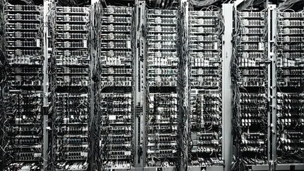 Complex network of interconnected circuits in a control room illustrating early computer technology development