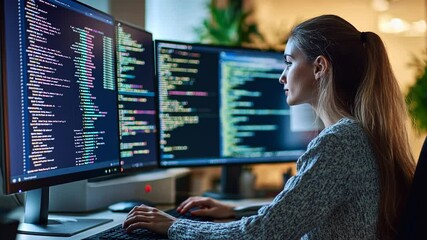 Software engineer coding on multiple monitors, developing program, professional workplace