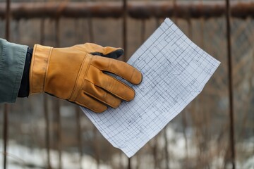 Leinwandbilder - Hand in safety glove holds blueprint with construction site background during daylight providing space for additional text