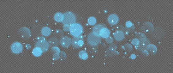 Wall Mural - blue bokeh with stars and sparkles, shiny overlay decoration isolated on grey background. vector ill
