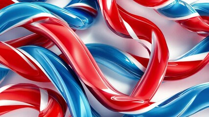 Dynamic intertwined glossy strands in red, white, and blue creating movement