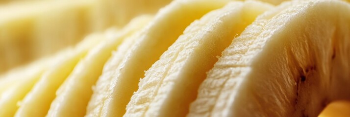 Fototapete - Close up macro shot of sliced banana halves highlighting texture and details in soft background for visual appeal and artistic composition