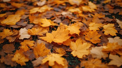 Poster - Colorful orange fall leaves blanket the ground in a tranquil park during autumn in warm afternoon light